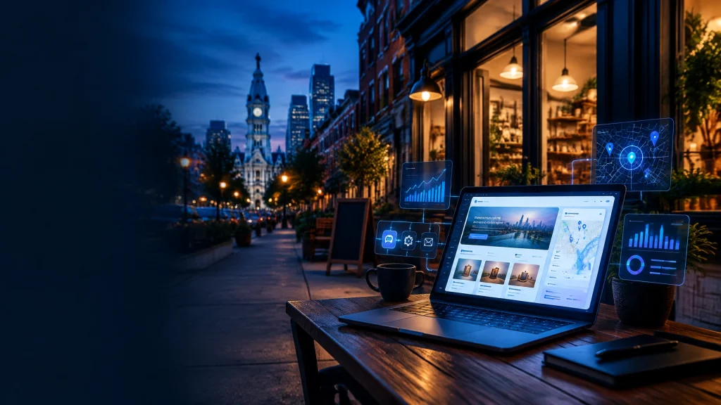 Laptop displaying location analytics beside Philadelphia City Hall at dusk
