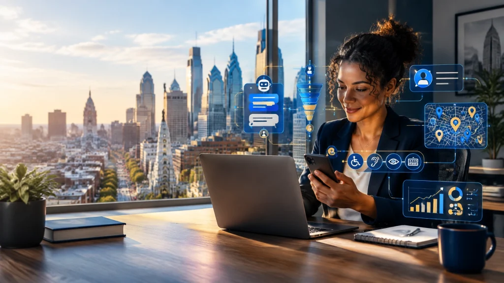 Businesswoman uses smartphone beside laptop with digital accessibility interface