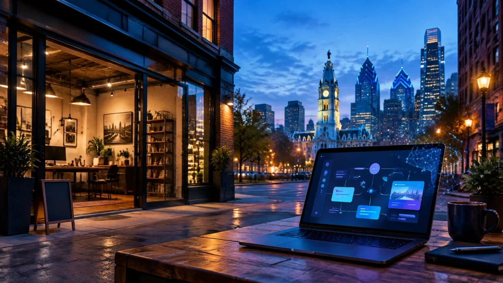 Laptop displaying digital interface overlooking Philadelphia skyline at dusk