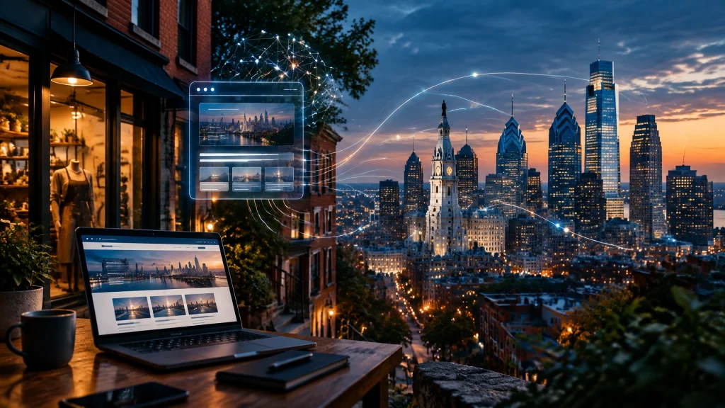 Laptop displays website beside Philadelphia skyline with digital network overlay