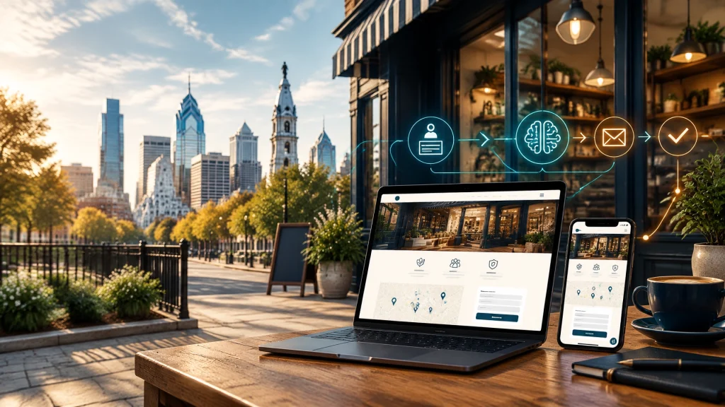 Laptop and phone display business website beside city café
