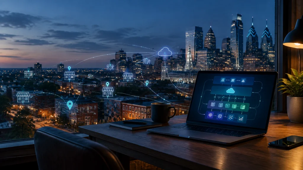 Laptop displaying cloud network over city skyline at dusk