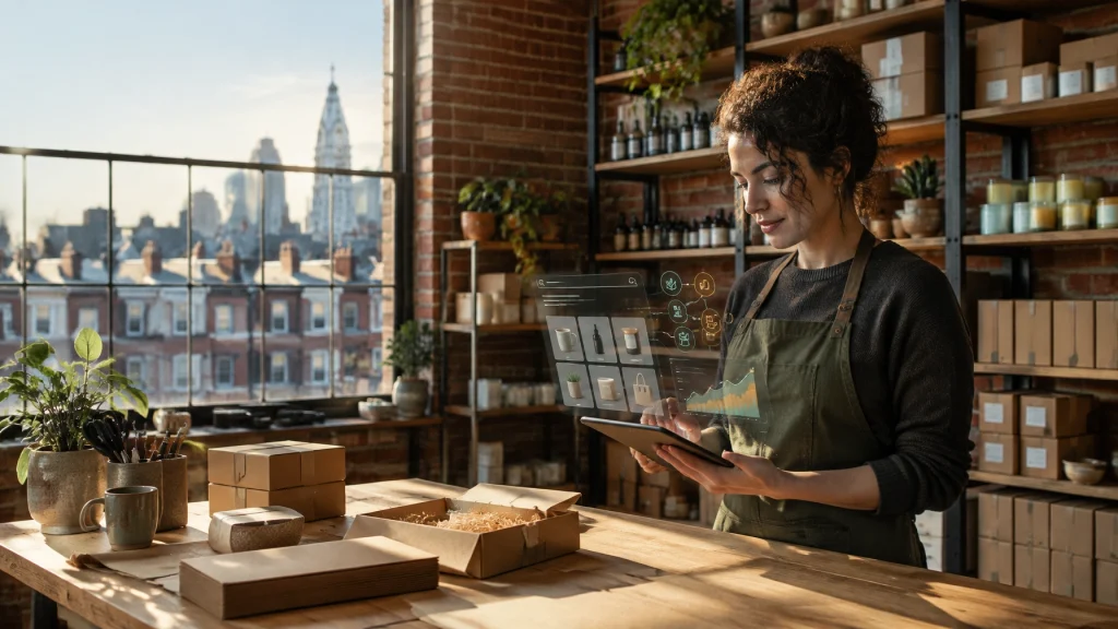 Shop owner uses tablet to manage online orders