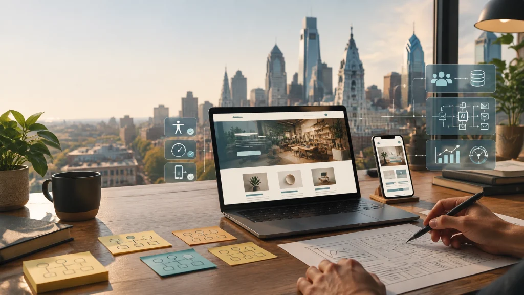 Designer planning responsive website with laptop and smartphone