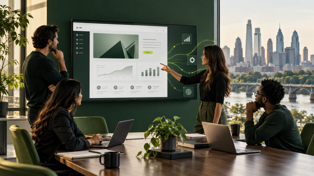 Philadelphia team reviewing an AI-powered custom web design and growth dashboard.