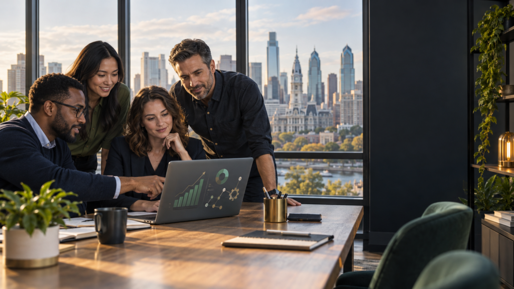 Philadelphia business team reviewing AI integration and local SEO strategy