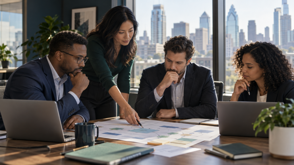 Business team reviewing AI integration workflow risks and improvements