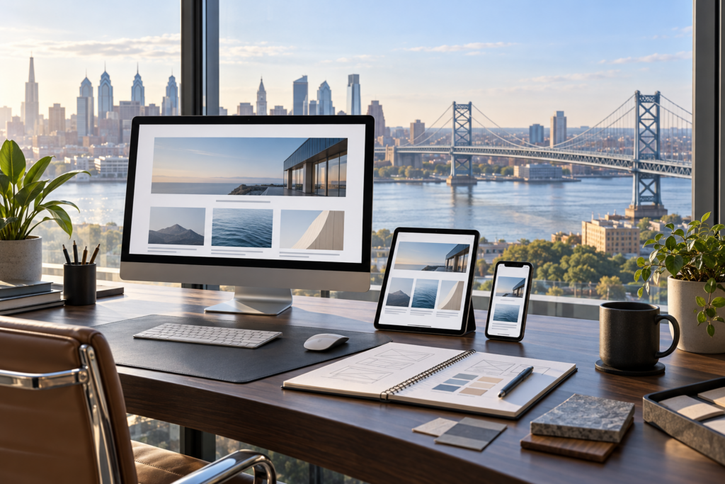 Responsive web-design workspace overlooking the Ben Franklin Bridge between Philadelphia and New Jersey