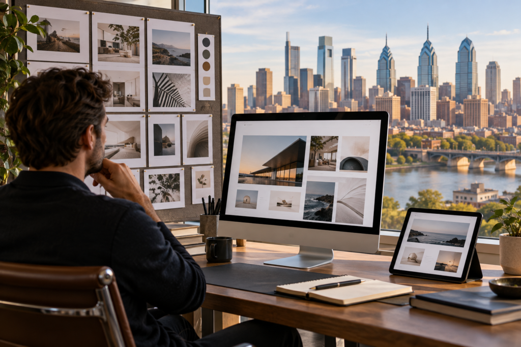 Web-design portfolio review overlooking the Philadelphia skyline