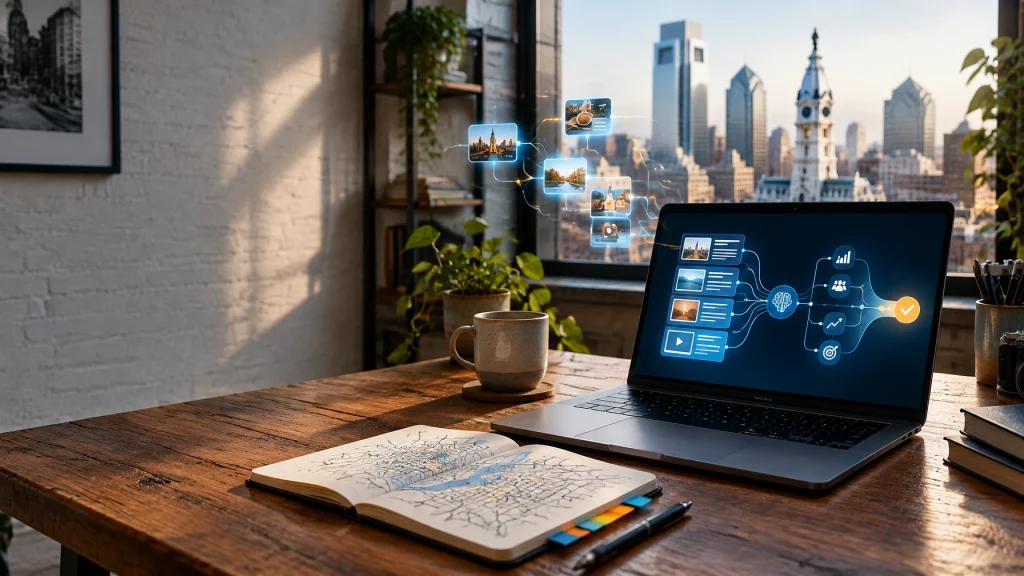 Laptop displays AI content workflow beside Philadelphia skyline.
