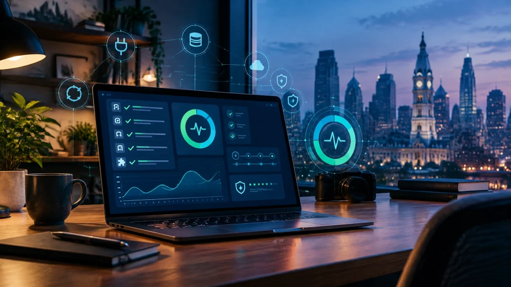 Laptop displays cloud security analytics in city office