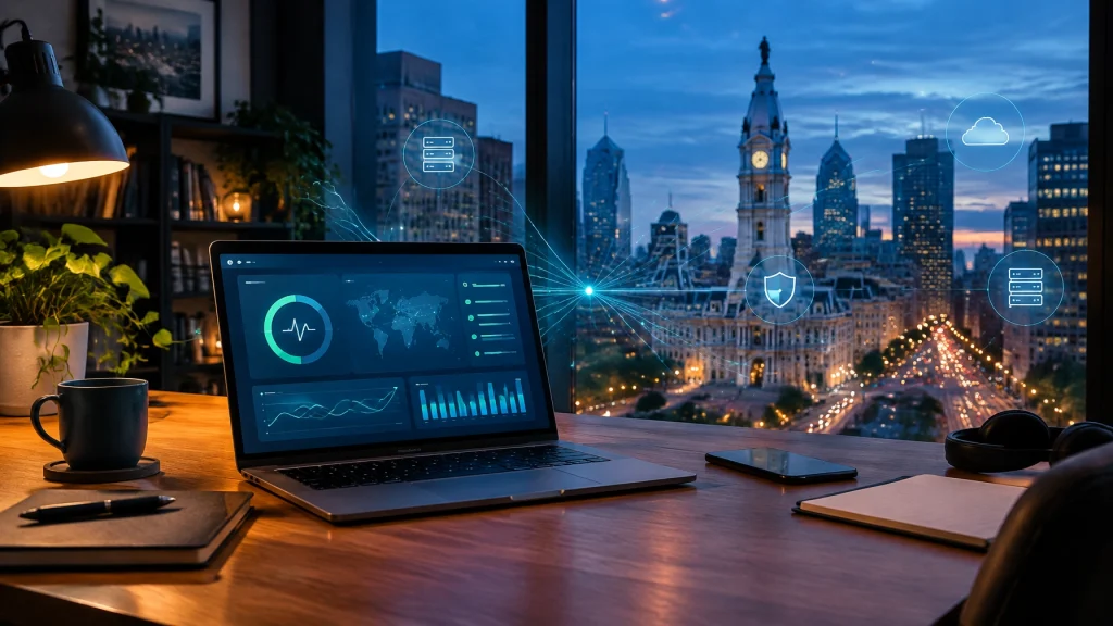Laptop dashboard overlooking Philadelphia skyline with cloud security icons