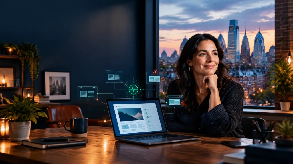 Woman at laptop monitoring digital alerts in city office