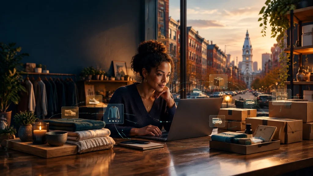 Small-business owner manages online orders from laptop at sunset