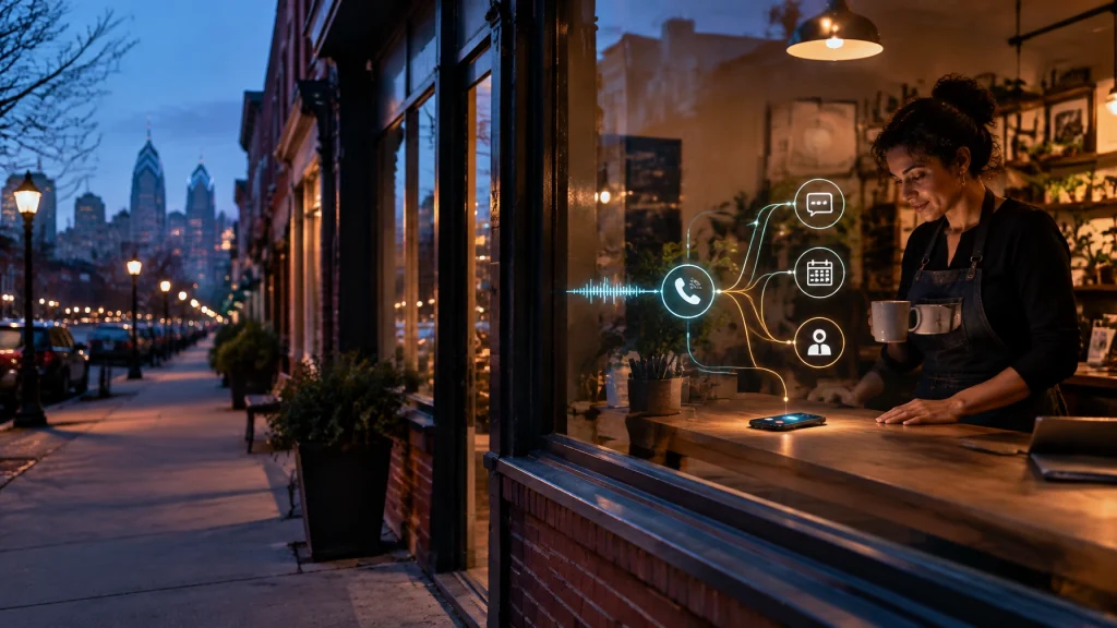 Café owner uses smartphone with customer service icons