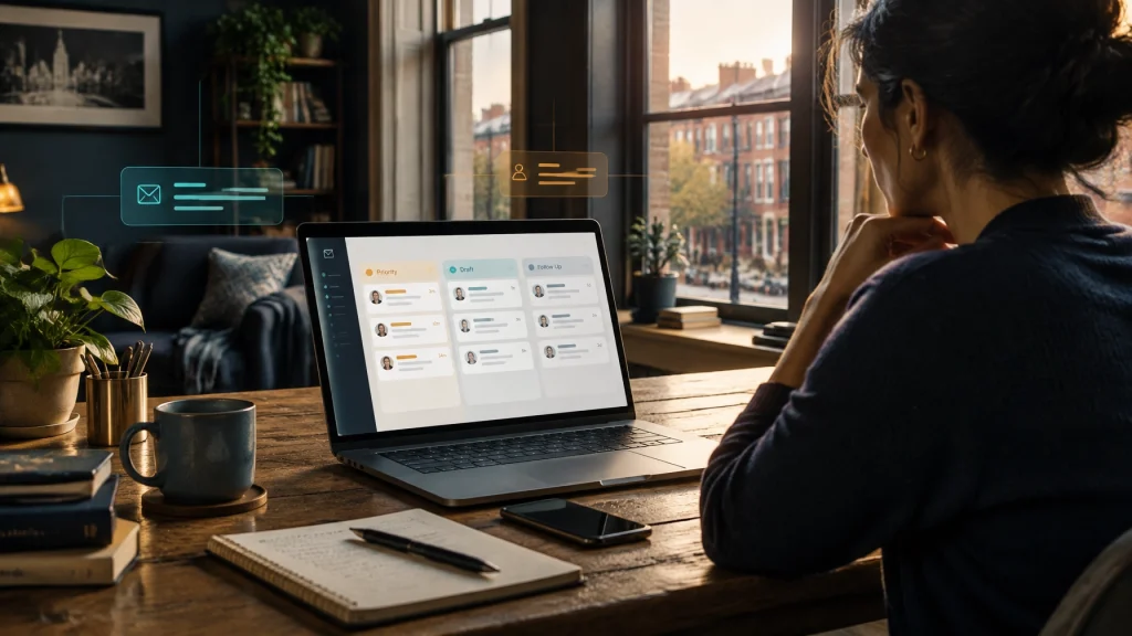 Woman managing email tasks on laptop at home