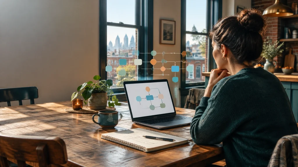 Woman reviewing a workflow diagram on laptop at home