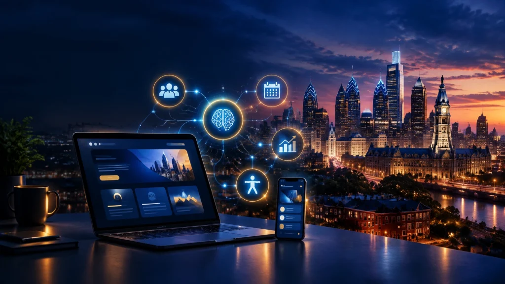Laptop and smartphone display digital services over Philadelphia skyline