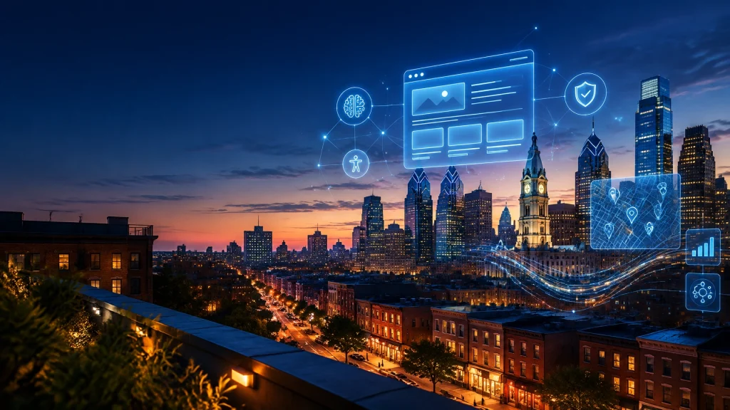 Philadelphia skyline with smart city technology interface at dusk