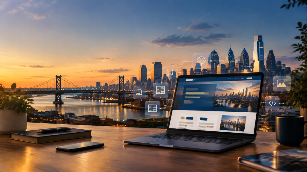 Laptop displaying web design against Philadelphia sunset skyline