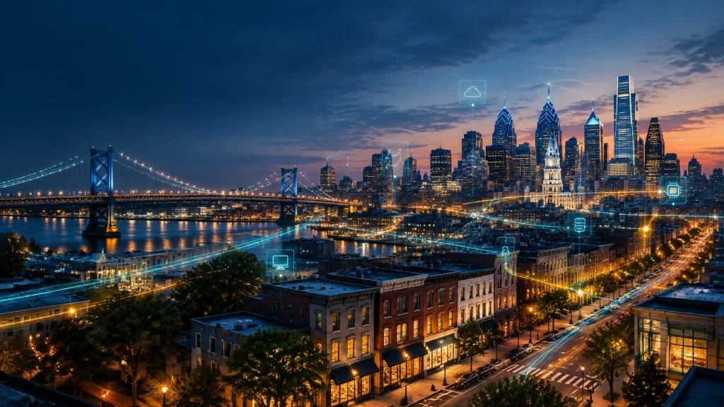Connected Philadelphia skyline at dusk with bridge and smart-city icons