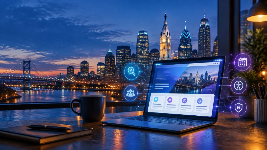 Laptop displaying city services interface overlooking Philadelphia skyline