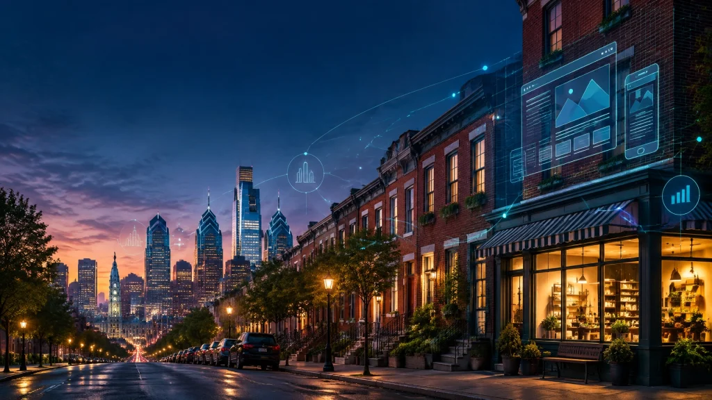 Smart city interface overlays Philadelphia street at dusk