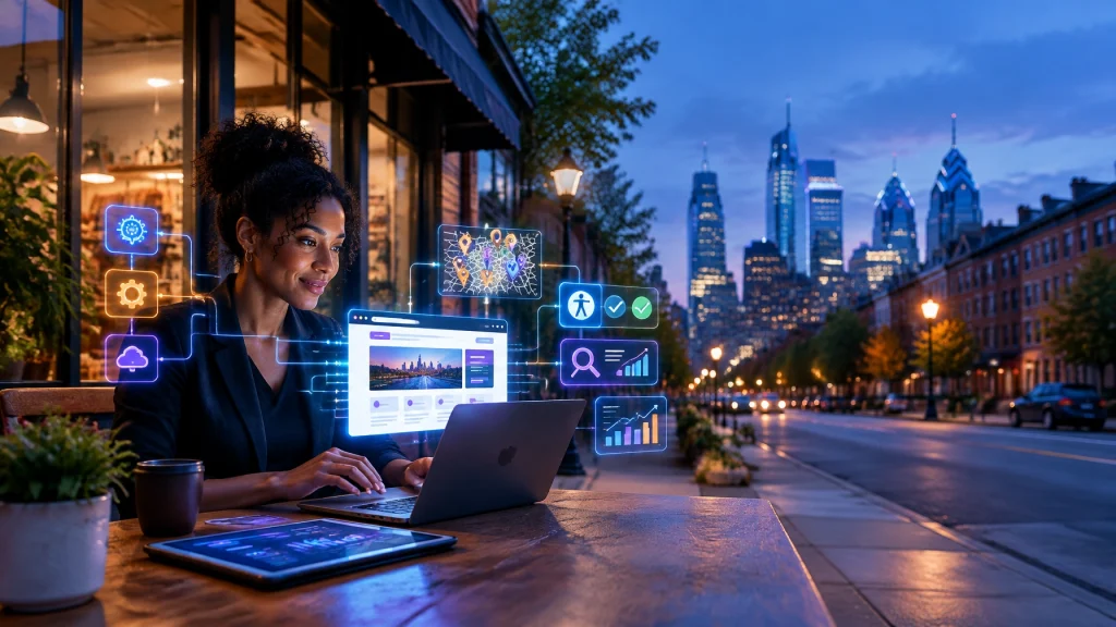 Professional using laptop with digital analytics overlays at dusk