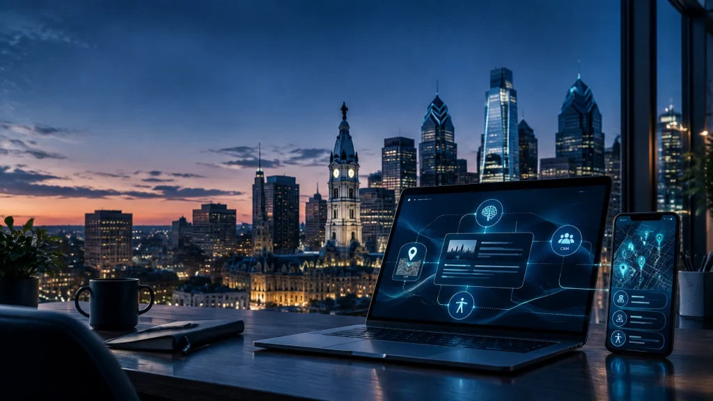Laptop and smartphone display smart city interface at dusk