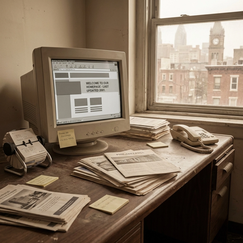 Old office desk with brochures and a static website, representing outdated small business websites in Philadelphia