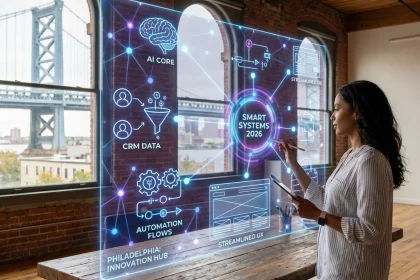 Woman interacting with futuristic smart systems display