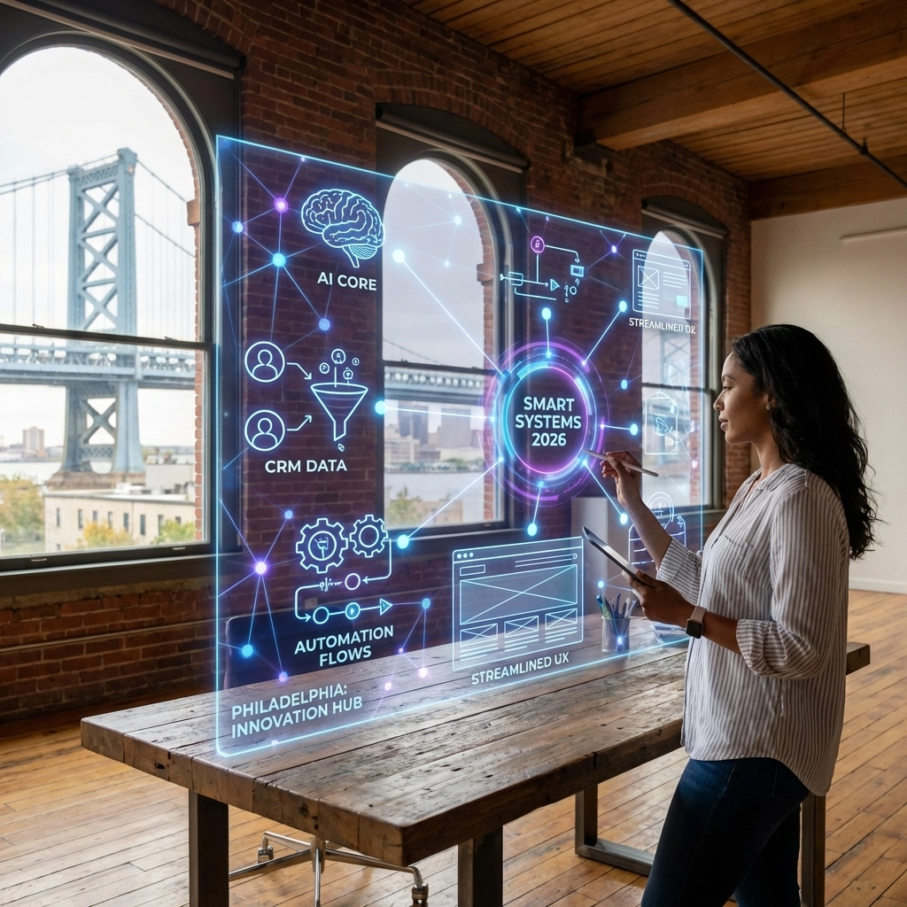Woman interacting with futuristic smart systems display