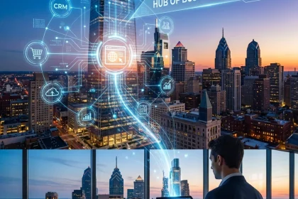 Business technology hub with digital city connections