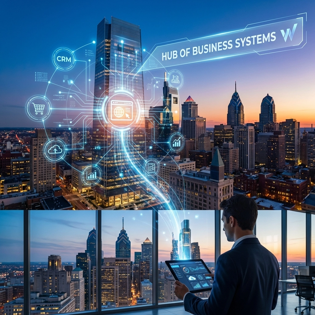 Business technology hub with digital city connections