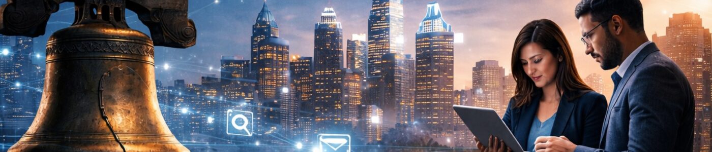 Business professionals using tablet with city skyline