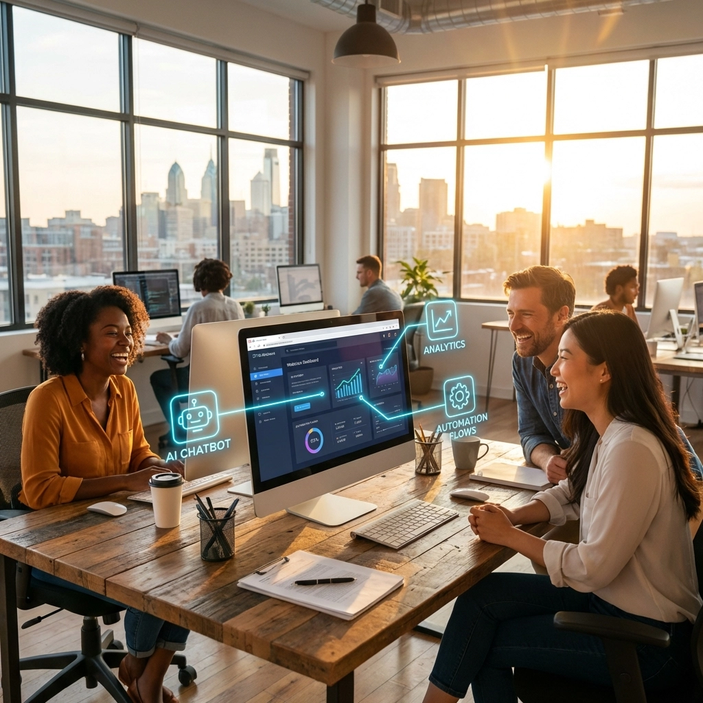Philadelphia small business team collaborates in a bright office, using AI integrations on their website dashboard.