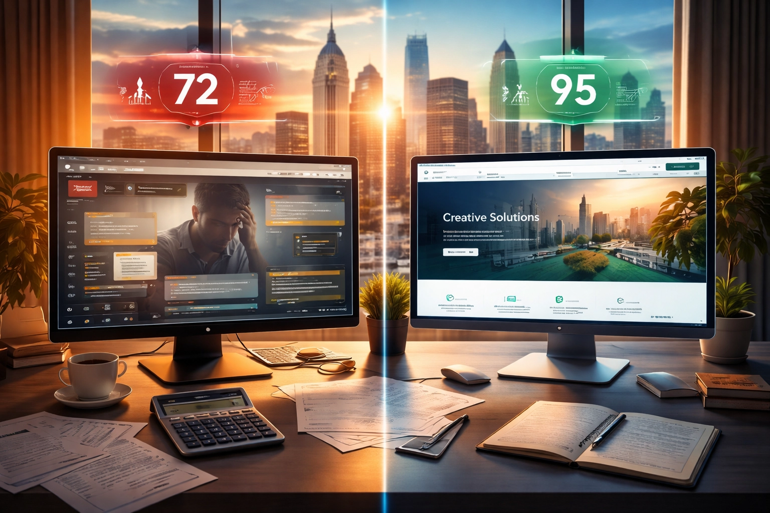 Split-screen photo comparing a slow template website and a fast custom website on Philadelphia office desks