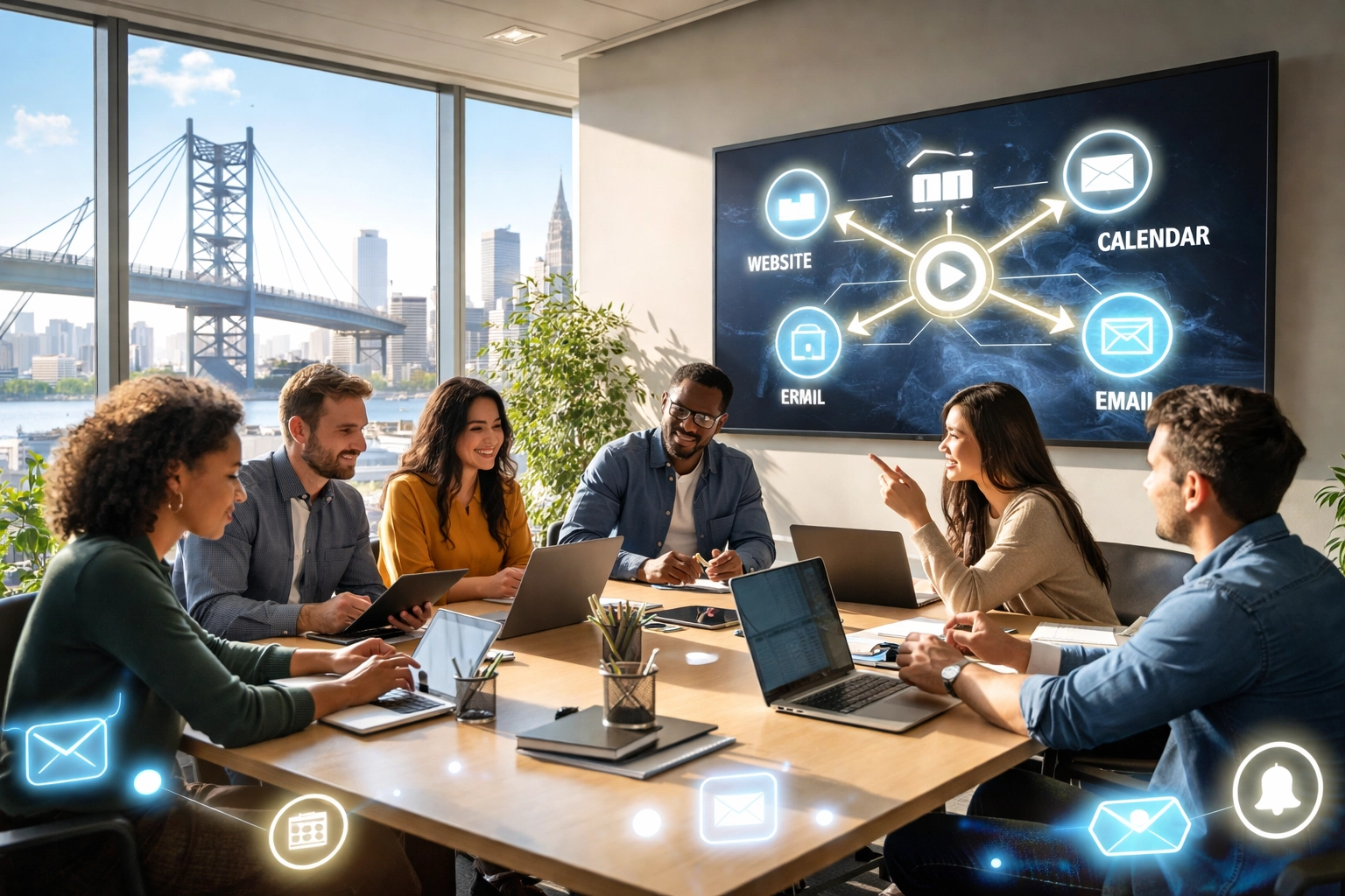 Philadelphia business team viewing a digital diagram of connected website, CRM, and email systems, demonstrating workflow automation.