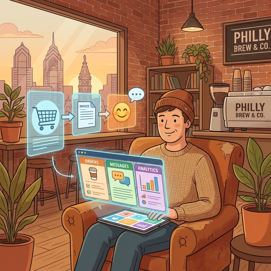 Small business owner in Philadelphia coffee shop using a tablet to manage orders and analytics in an integrated dashboard