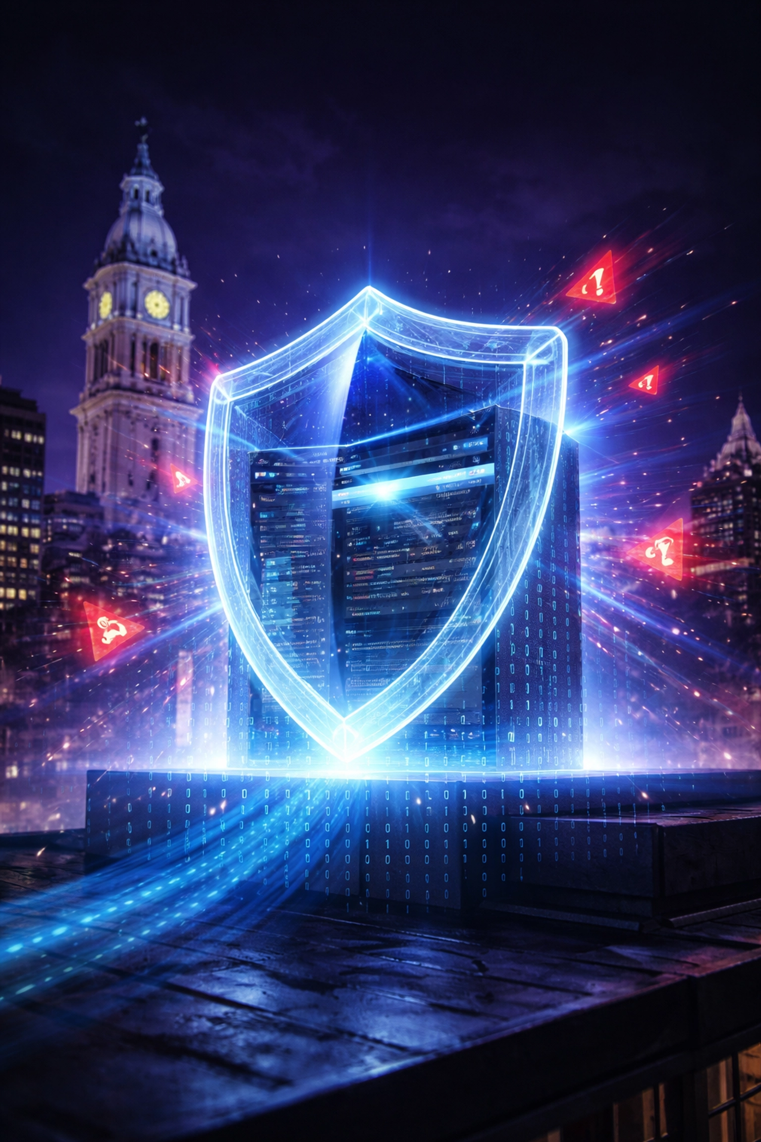Glowing digital security shield protects a custom website above Philadelphia skyline at night
