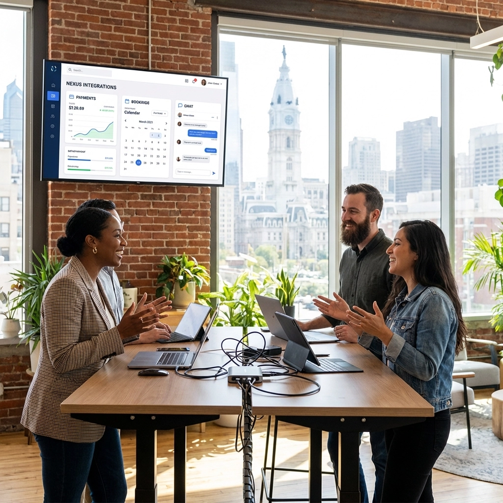 Philadelphia co-working space with business owners and a dashboard showing live website integrations for payments and bookings