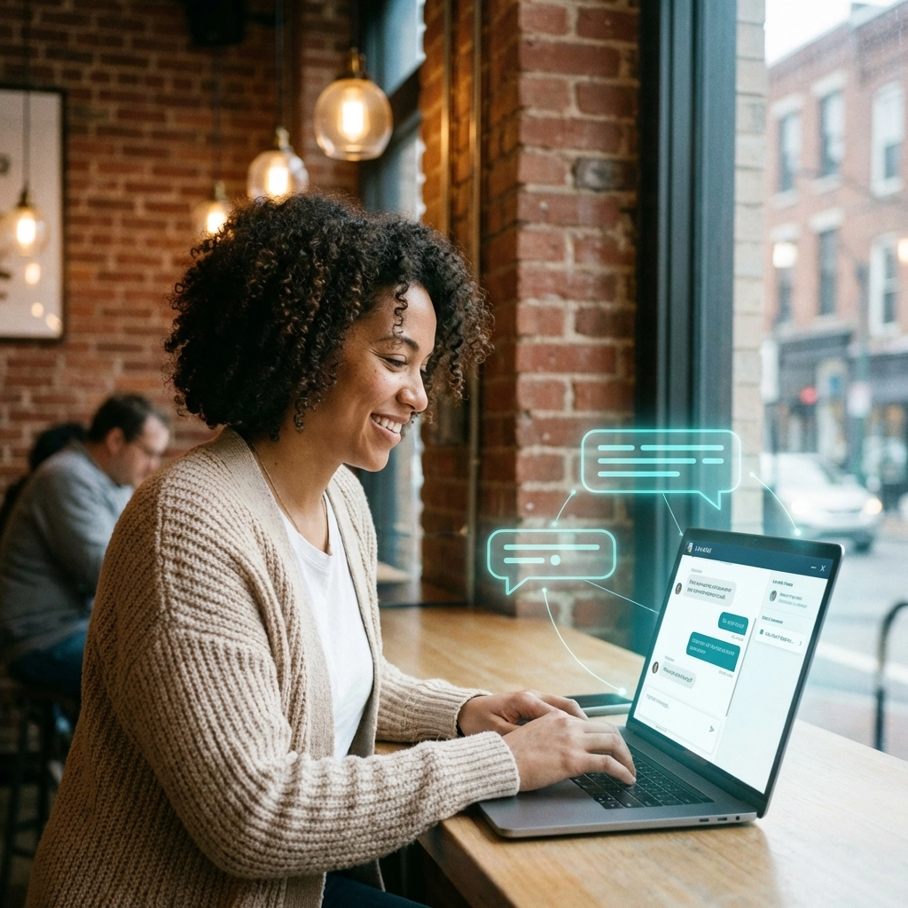 Philadelphia coffee shop owner chats with a customer online, demonstrating AI-powered website chat support.