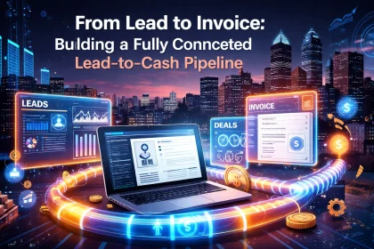 Lead-to-cash pipeline connecting leads, deals, and invoices