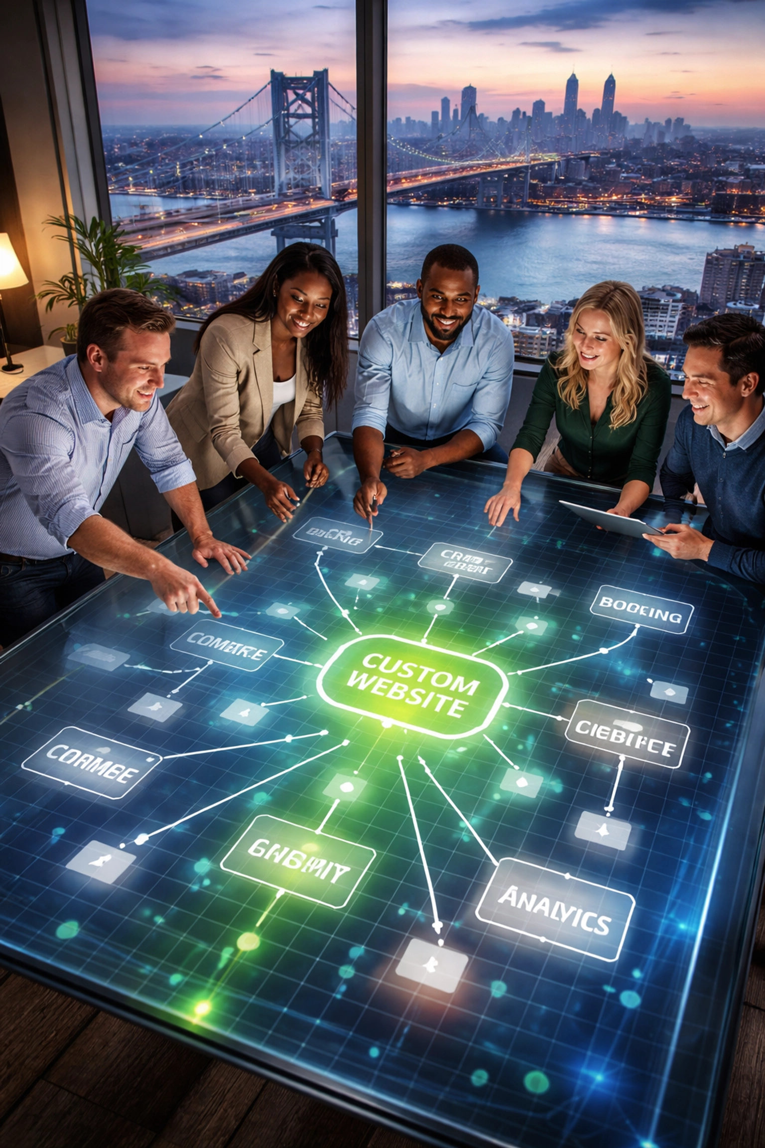 Philadelphia business team collaborates around a digital table showing website integration and scalability