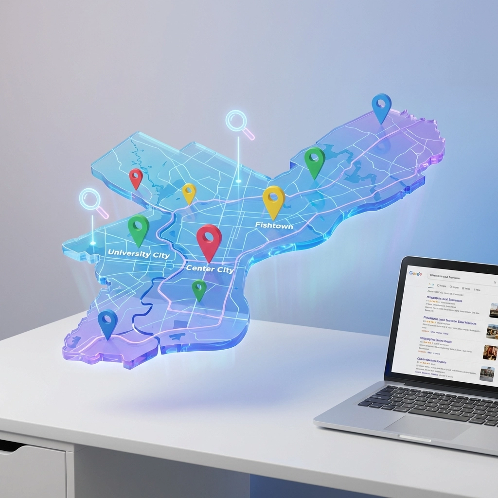 Philadelphia city map highlights local SEO strategies and search results for small business websites.