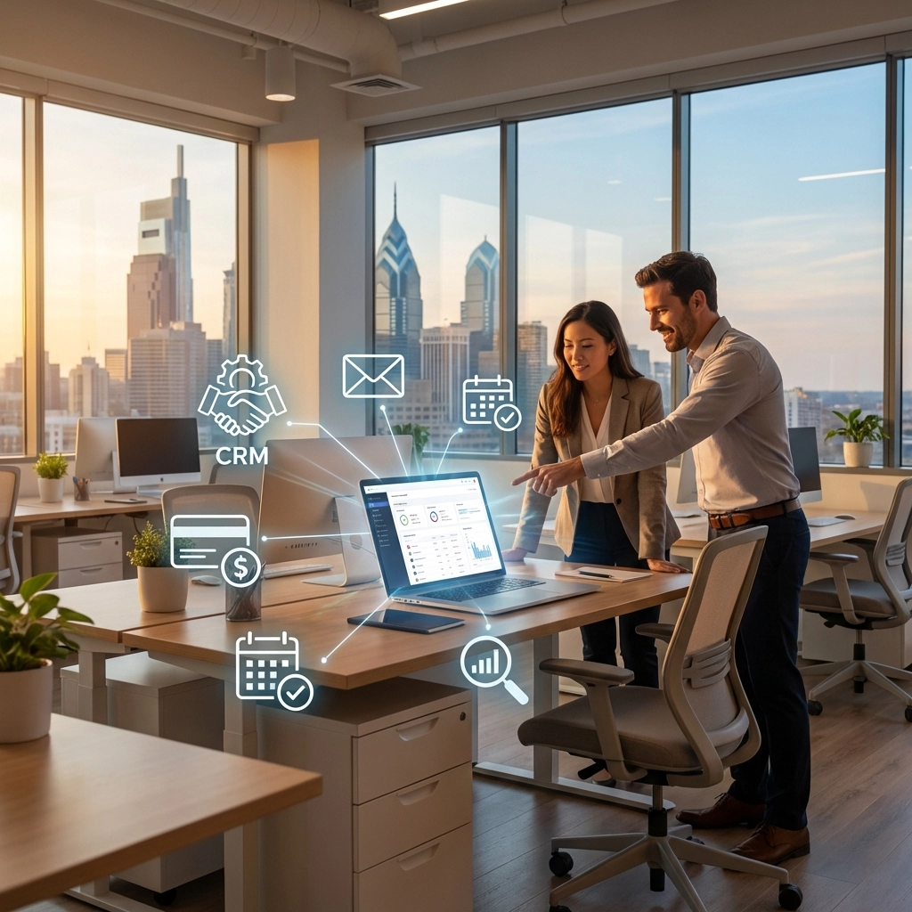 Modern team collaborating around a laptop displaying integrated business systems in a Philadelphia workspace