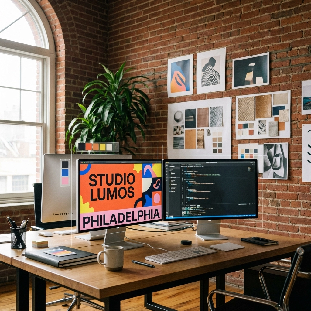 Web designer in a sunlit Philadelphia studio creating unique branding and coding a custom business site.