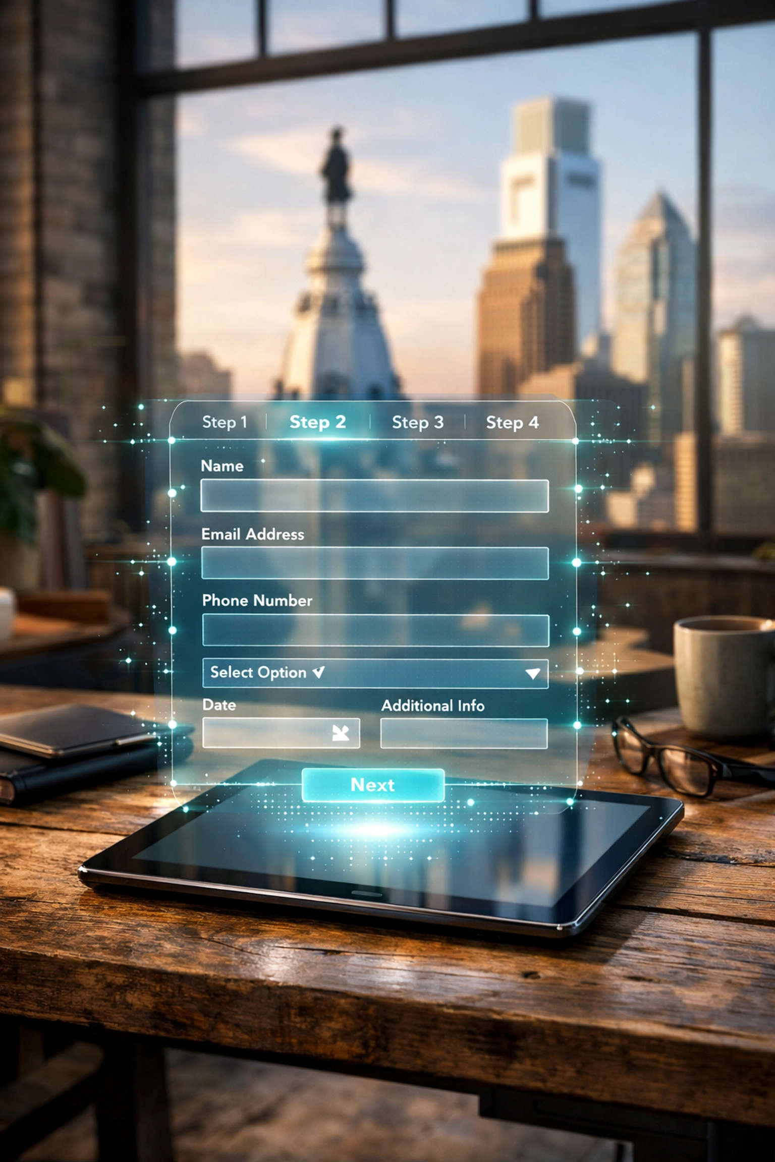Modern multi-step website form on a tablet with the Philadelphia skyline in the background.