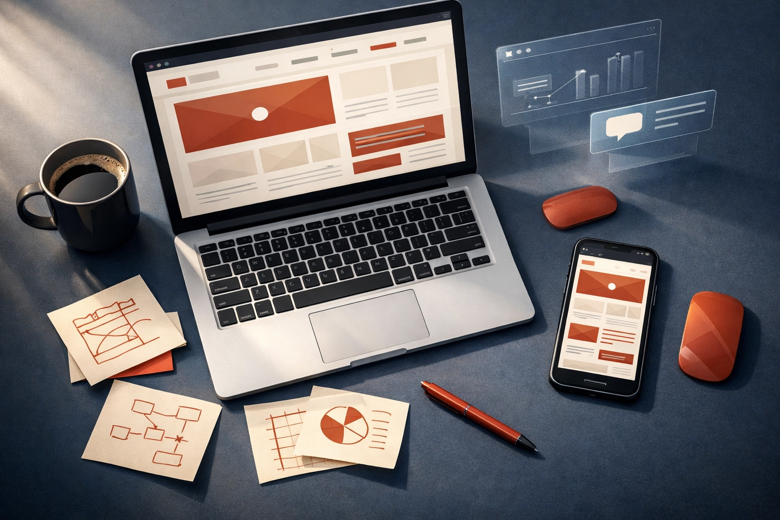 Modern workspace showing website design planning with laptop and mobile wireframes for business owners