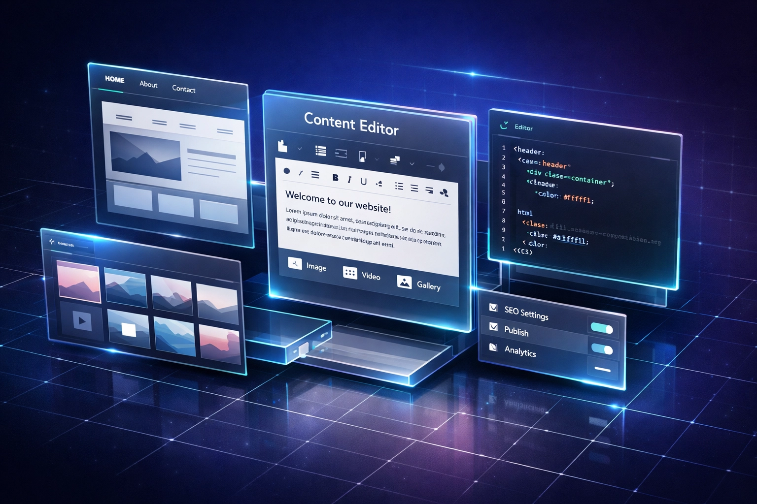 Modern content management system interface showing website layouts and organized digital panels